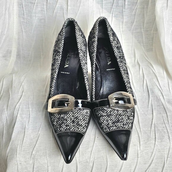 PRADA Tweed & Patent Leather Kitten Heels Pumps – With Box - Picture 3 of 16